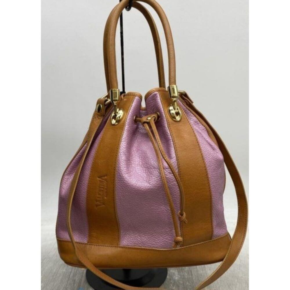 VALENTINA  PINK & BROWN LEATHER DRAWSTRING BUCKET BAG
